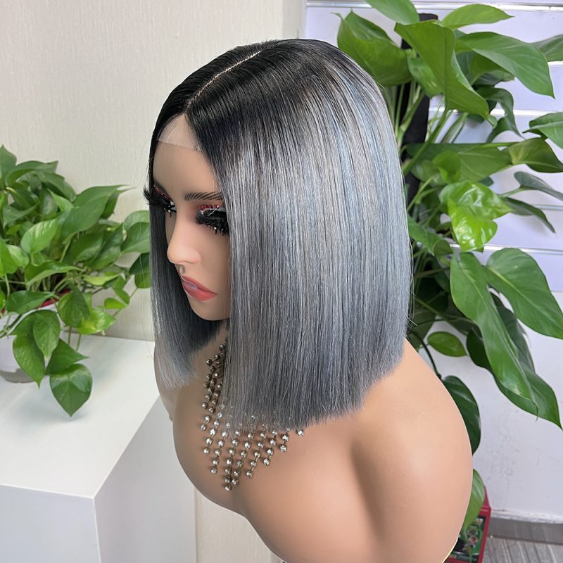 2x6 #1b/Grey Colored Straight BOB Lace Closure Virgin Human Hair Wig - 图片 2